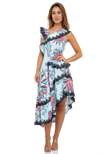 Comino Couture Elegantes One-Shoulder Kleid mit Blumenmuser und Spitze