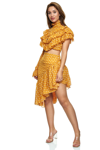 Comino Couture Bauchfreies Rüschenkleid, gelb gepunktet S (Gr.36)