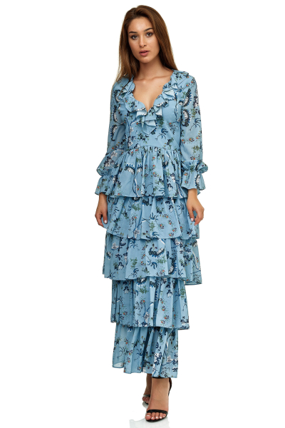 Comino Couture Elegantes Rüschenkleid mit Blumeranken, blau XS (Gr.34)