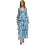 Comino Couture Elegantes Rüschenkleid mit Blumeranken, blau XS (Gr.34)